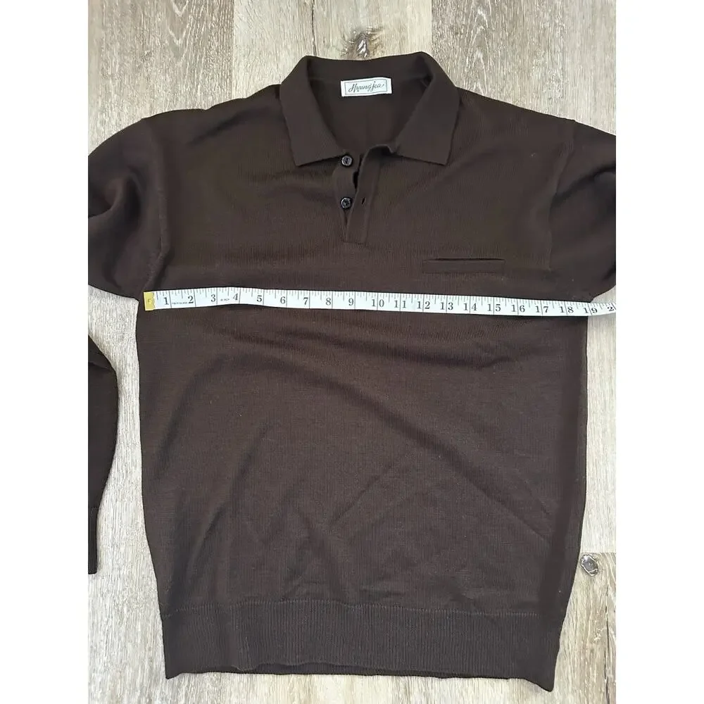 Vintage Hyungjea‎ 100% Wool Polo Sweater Mens Medium Brown Knit Long Sleeve